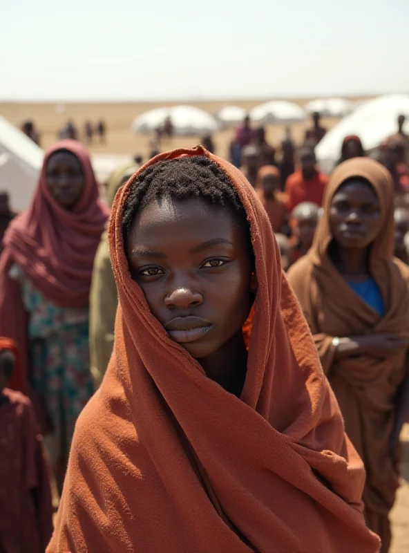 Crowd of refugees standing outside tents at a refugee camp in Sudan