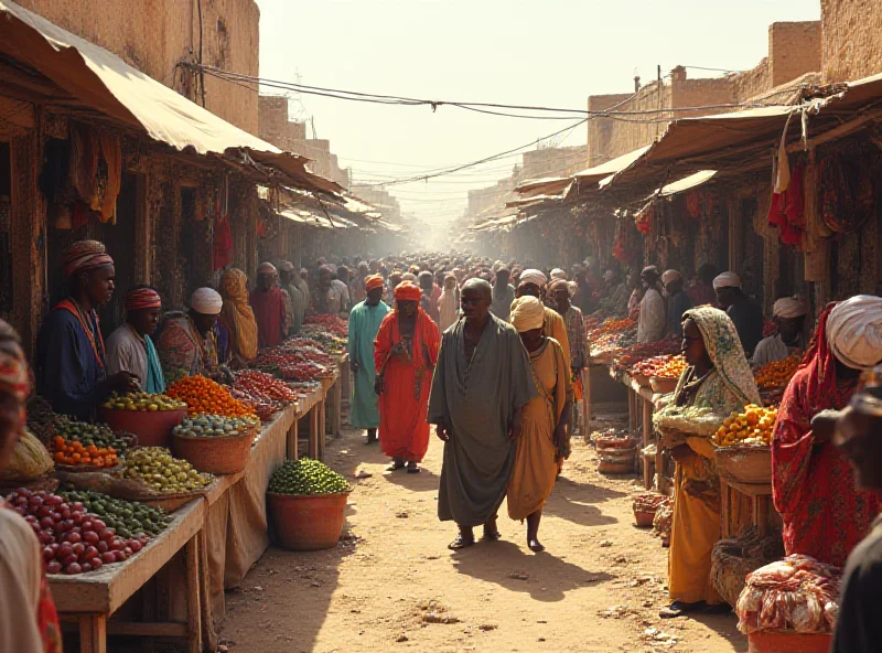 A crowded marketplace in Sudan, with people milling about and selling goods. The scene is vibrant and bustling, but with an underlying sense of vulnerability and displacement.