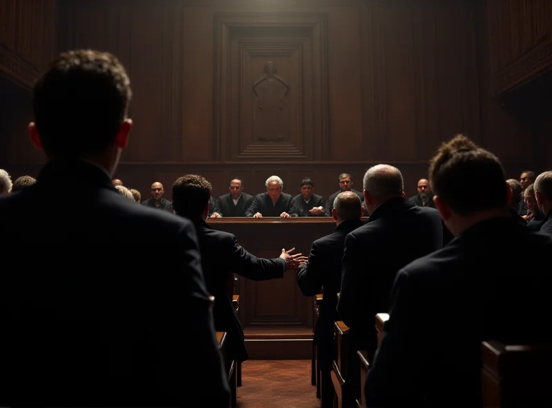 A courtroom setting, with lawyers presenting arguments and judges listening intently. The atmosphere is serious and formal, reflecting the gravity of the legal proceedings.