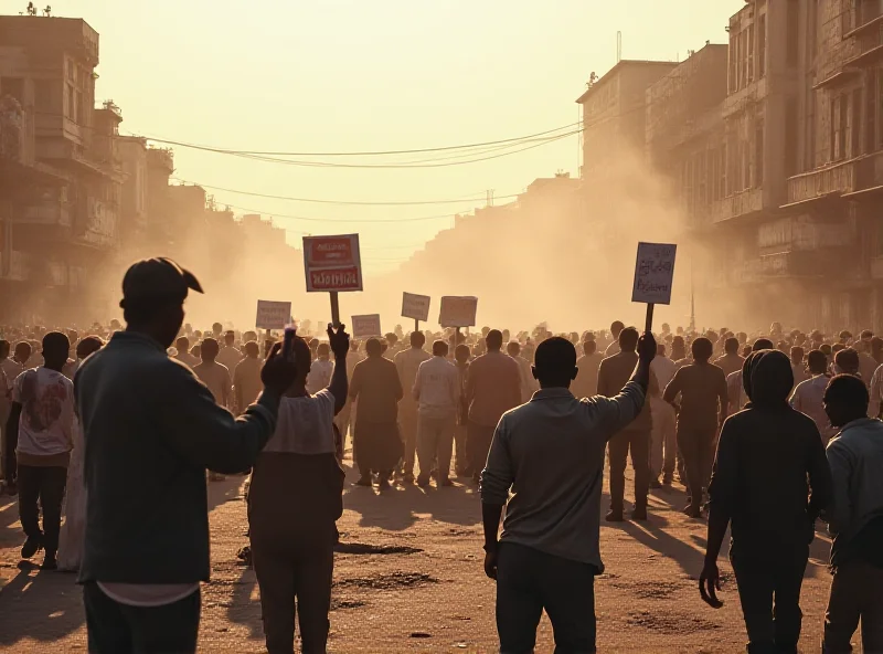 A chaotic street scene in Sudan with protestors and burning tires.