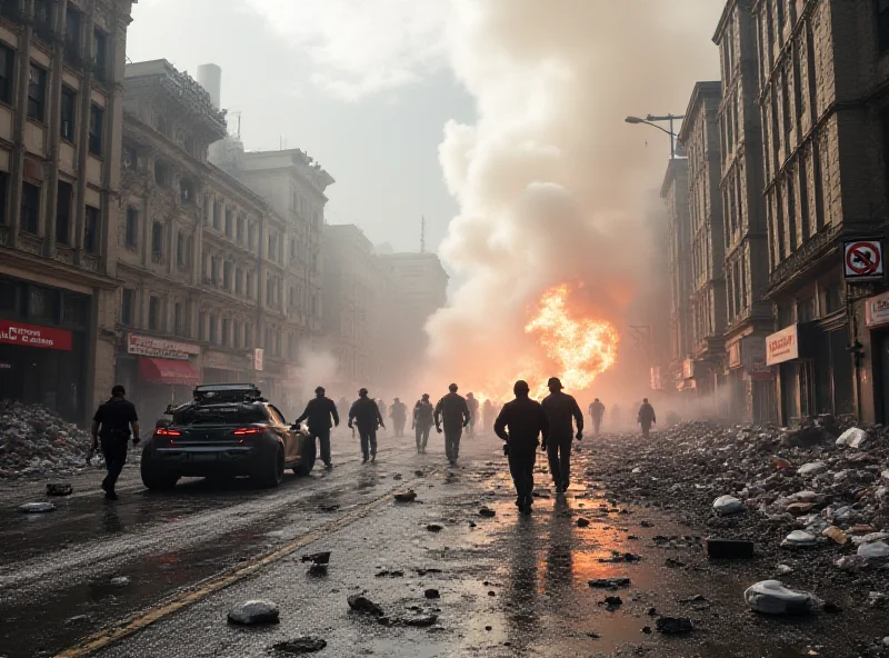 Scene of a bomb explosion with debris and emergency services