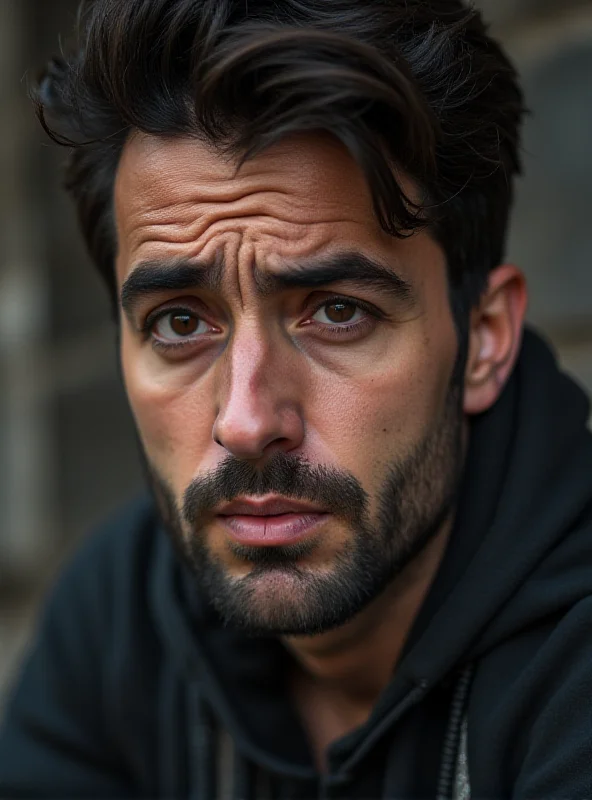 A close-up portrait of a man with a troubled expression suggesting mental distress