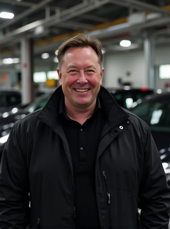 Elon Musk smiling slightly, standing near a Tesla.