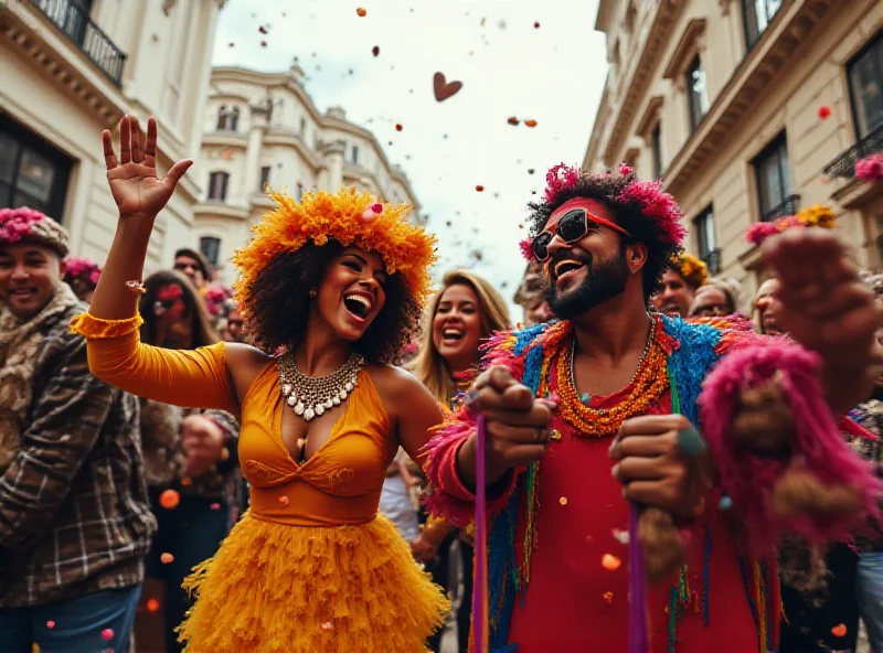 A lively street party during Carnival in a city, with people in colorful costumes dancing and celebrating.