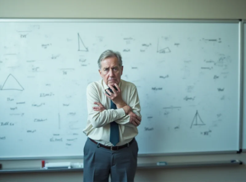 A concerned looking teacher standing in front of a whiteboard.