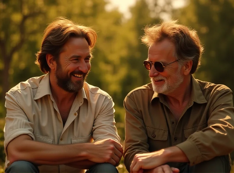 Still from the movie 'Moře na dvoře' showing Ondřej Vetchý and Jiří Langmajer laughing together on a sunny day.