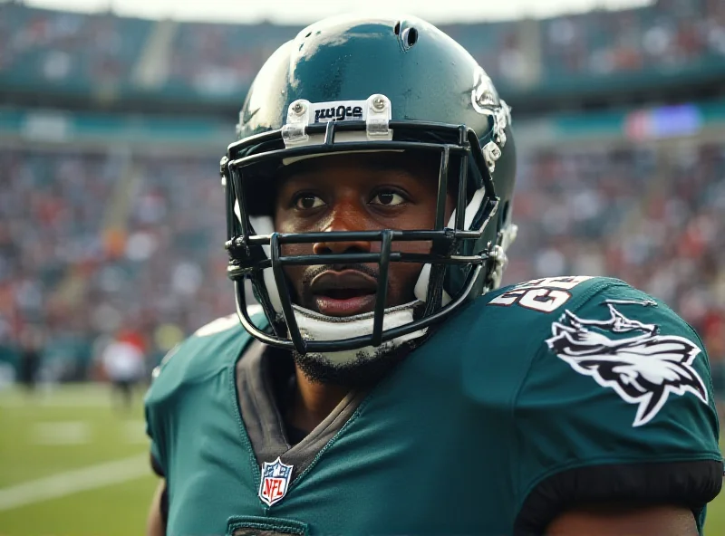 Brandon Graham on the field with a determined look on his face, Eagles jersey, Super Bowl atmosphere