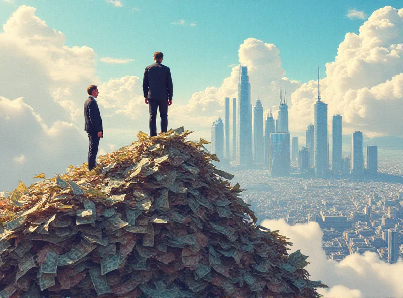 Illustration of Elon Musk and Bill Gates standing on top of a mountain of money, looking down on a city skyline.