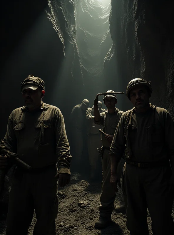 A gritty, documentary-style photograph of Bolivian miners working inside a dark and dusty mine shaft in Cerro Rico, some holding sticks of dynamite.