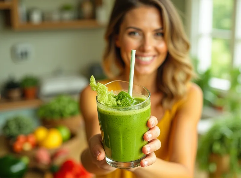 A person smiling while holding a green smoothie, symbolizing detox and healthy living