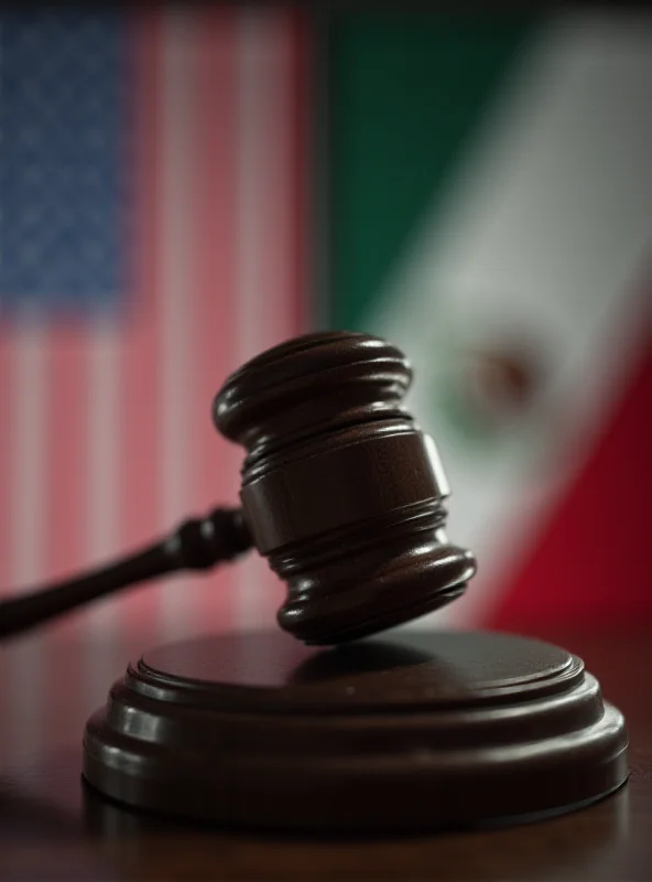 Digital art depicting a gavel striking a sound block in front of a blurred background of the United States flag and the Mexican flag, symbolizing the legal battle between the two nations.