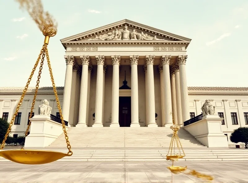 Illustration of the US Supreme Court Building with scales of justice overlaid, suggesting legal disputes.