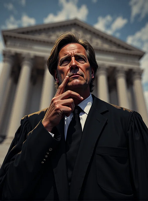 An illustration of Justice Alito looking thoughtful with the Supreme Court in the background, hinting at debates about judicial power.