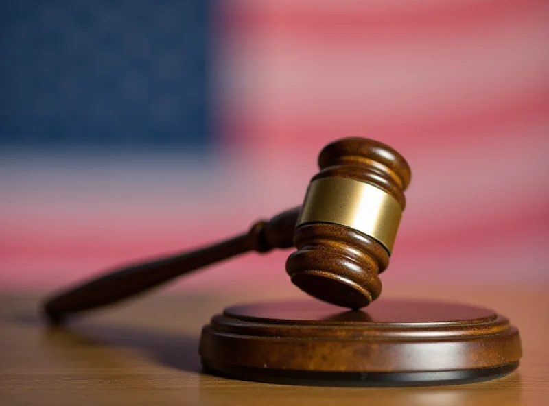 A gavel striking a sound block with the US flag subtly blurred in the background, symbolizing the Supreme Court's authority on legal matters.