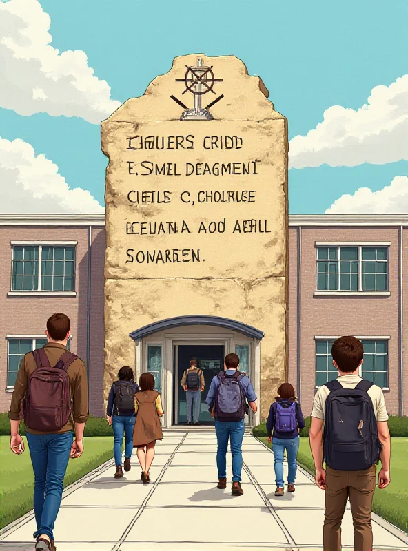 Illustration of the Ten Commandments tablet overlaid onto a school building, representing the debate over its display in schools.