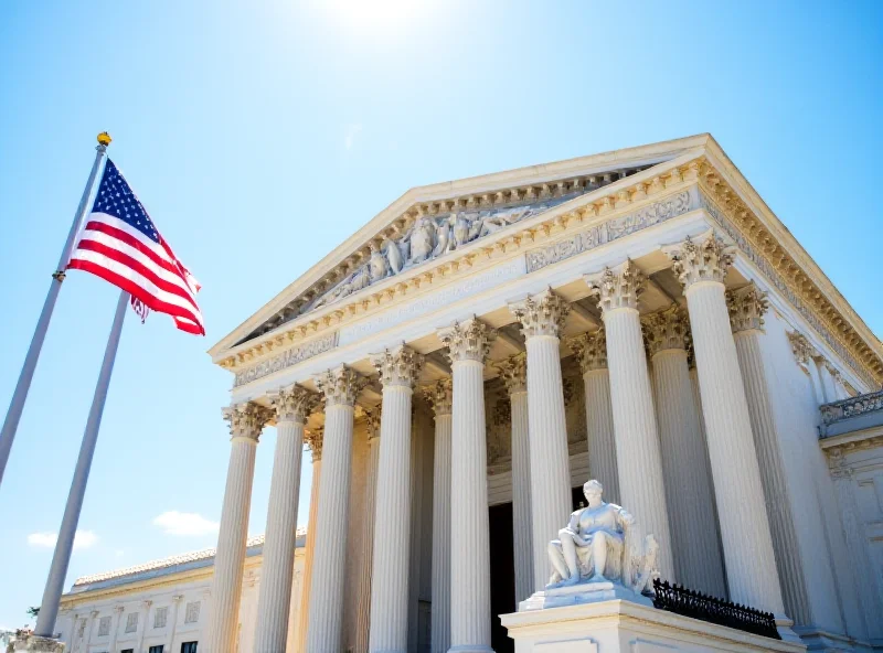 Exterior view of the US Supreme Court building on a sunny day, with the American flag waving in the foreground.