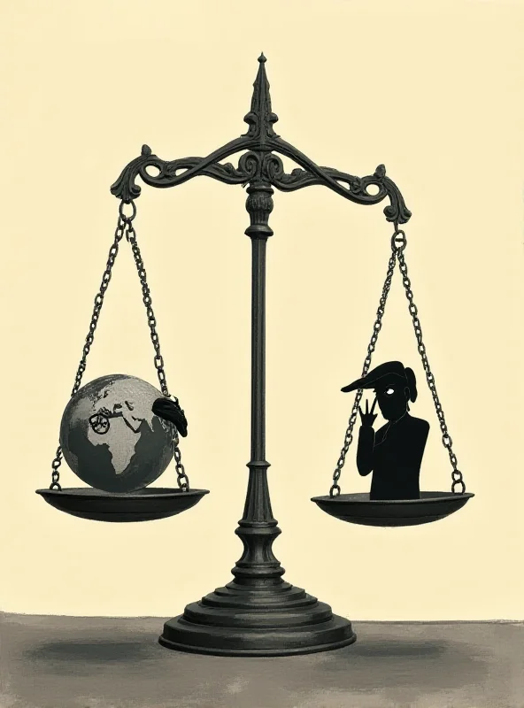 Illustration depicting scales of justice tilted towards the side of foreign aid, with a silhouette of Donald Trump looking on with disapproval.