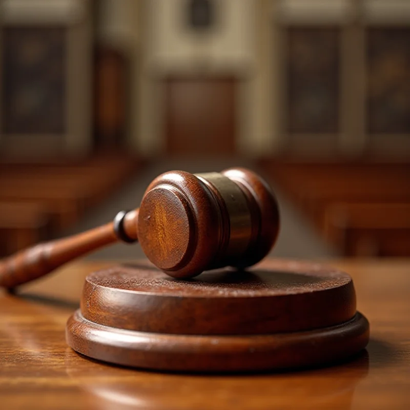 A gavel resting on a wooden block in a courtroom setting, symbolizing the power and authority of the Supreme Court.