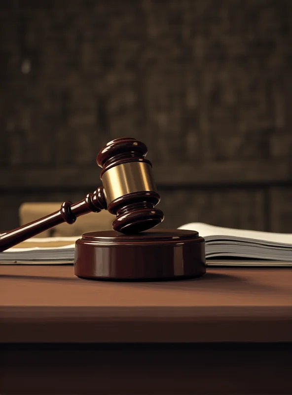 Illustration of a gavel striking a sound block in a courtroom, with a blurred background of legal documents