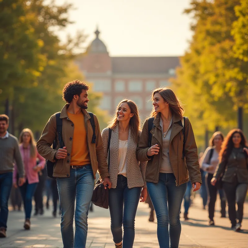 A diverse group of students walking on a college campus