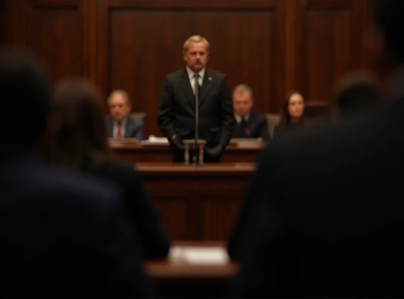 Image of a courtroom setting during a trial, focusing on a witness stand and legal teams.