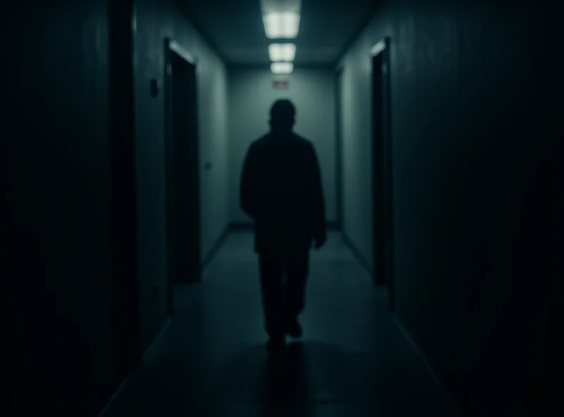 A shadowy figure standing in a dimly lit hallway, representing the alleged cover-up.