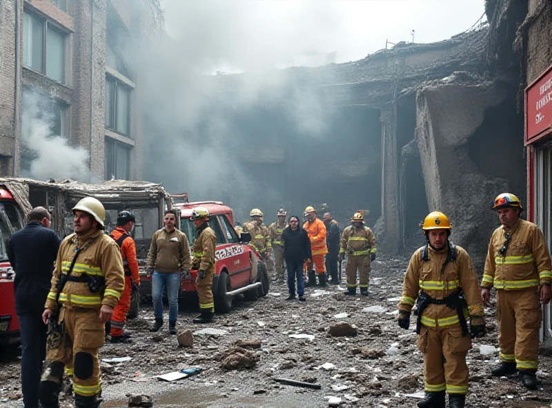 A damaged building with emergency responders at the scene, following a bombing incident.