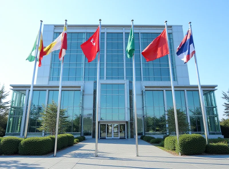 Exterior shot of a modern embassy building with flags waving in front.