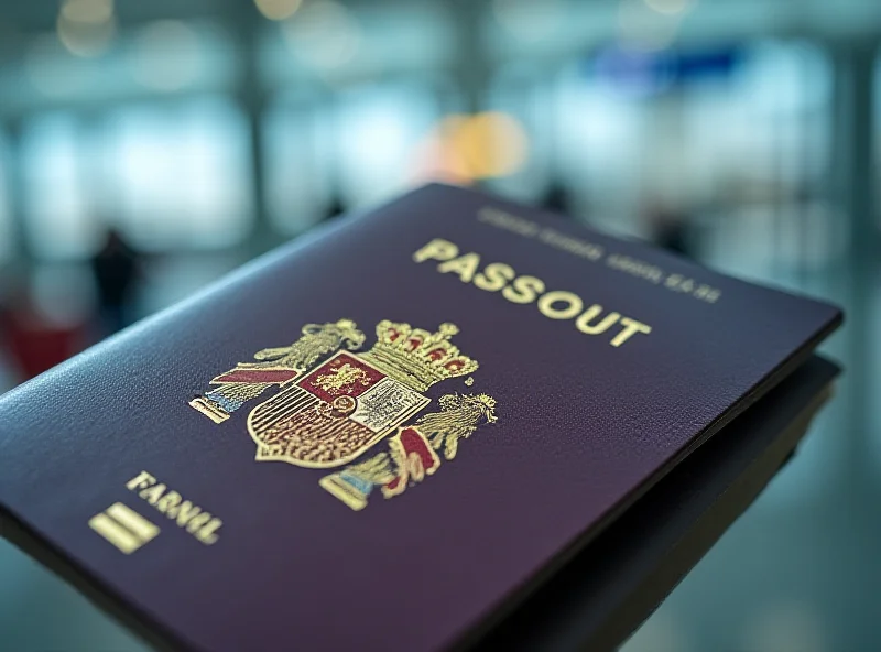 A close-up shot of a Spanish passport, partially open, with a blurred background.