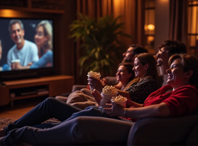 People relaxing on a couch watching TV together.