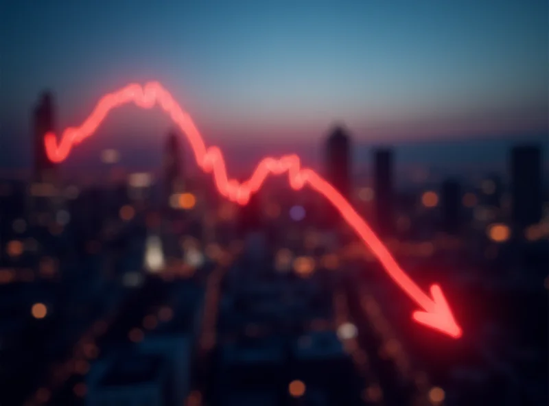 A downward trending stock chart superimposed on a cityscape.