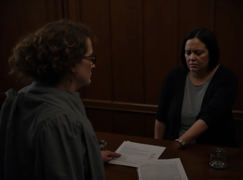 A somber courtroom scene with a woman standing before a judge, looking distressed. 