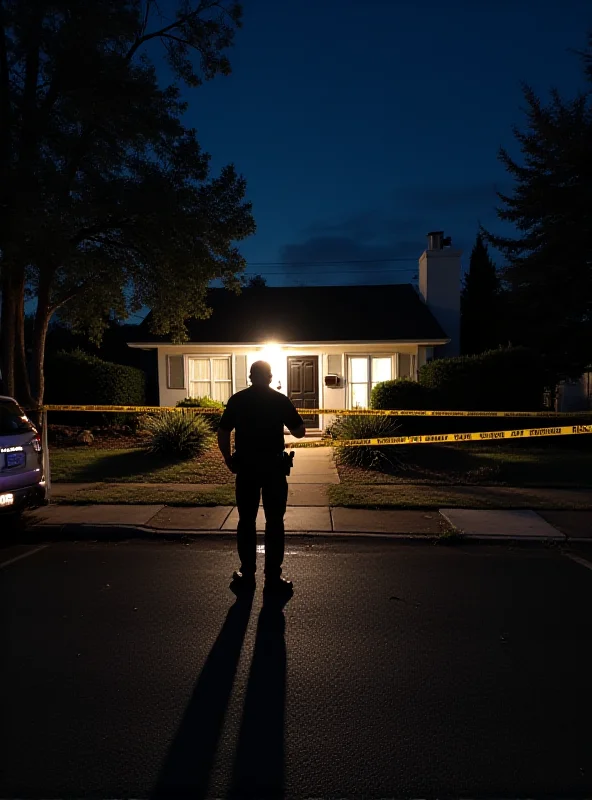 A police cordon around a house in a residential area. Police officers are visible, and the scene is lit with emergency lights. 