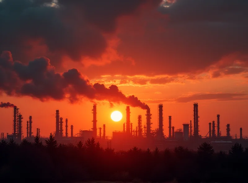 Oil refinery at sunset with a polluted sky