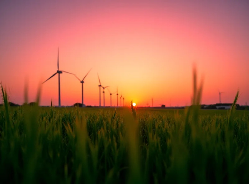 Close-up of wind turbines at sunset with a green field in the foreground