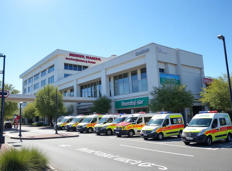 Bankstown-Lidcombe Hospital exterior with ambulances parked outside. 