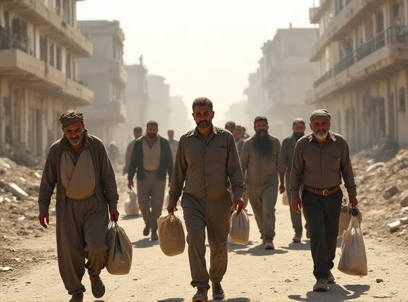 A group of Syrian civilians walking through a damaged city street, looking distressed and worried.