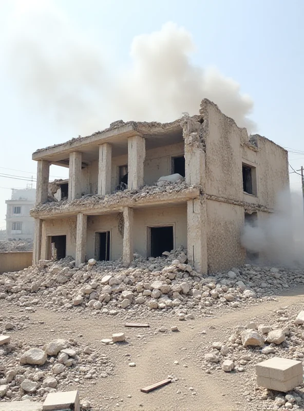 A destroyed building in Syria, with rubble and debris scattered around. Smoke rises in the background.