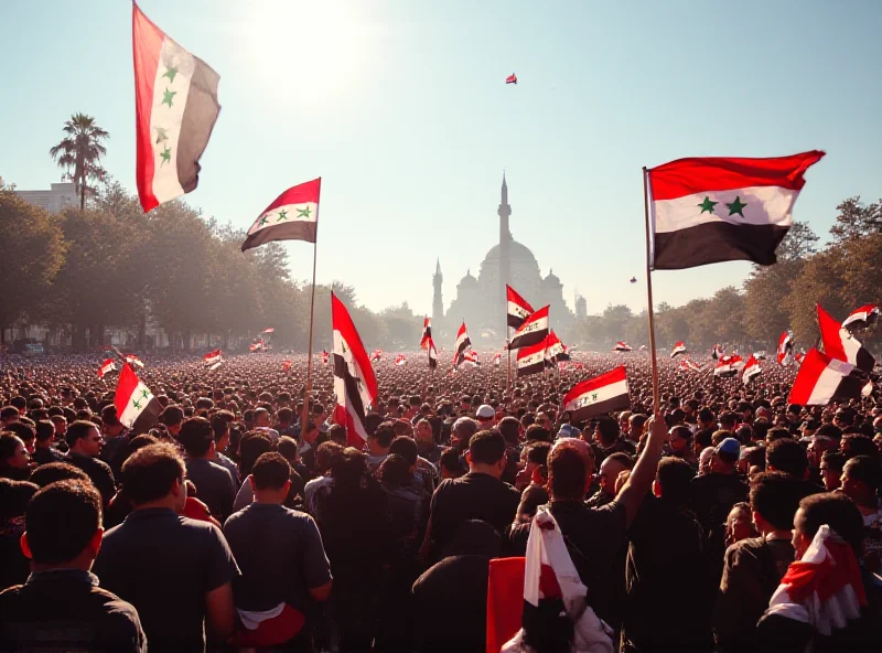 A crowded city square in Damascus with people waving Syrian flags