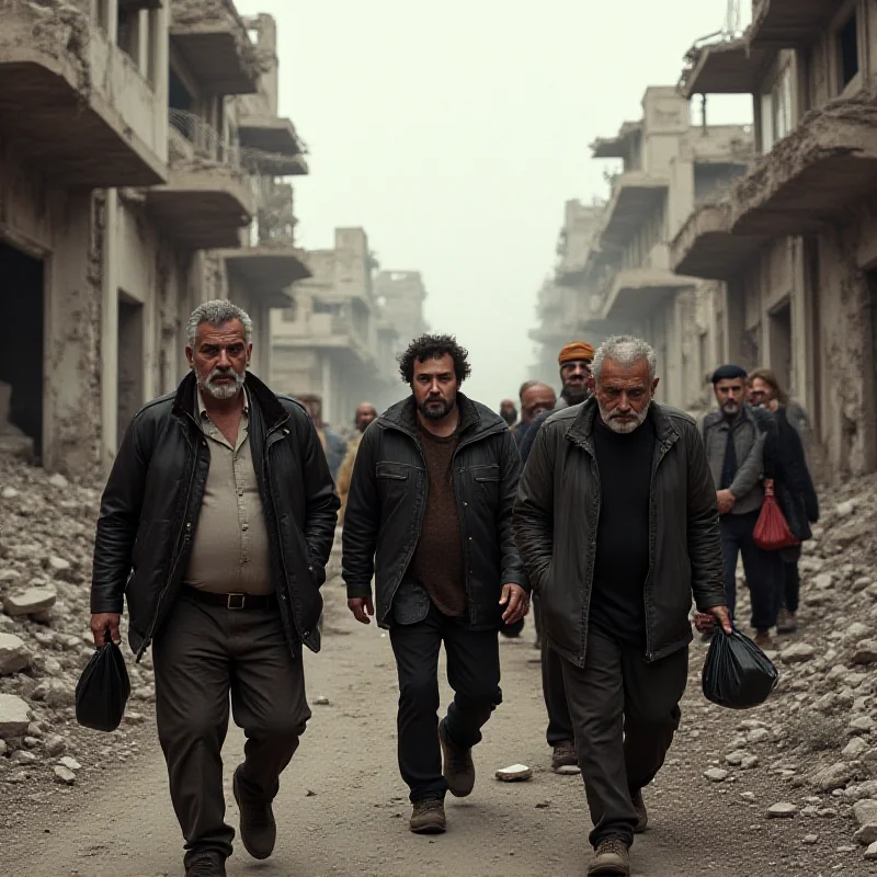 A group of Syrian civilians walking down a damaged street