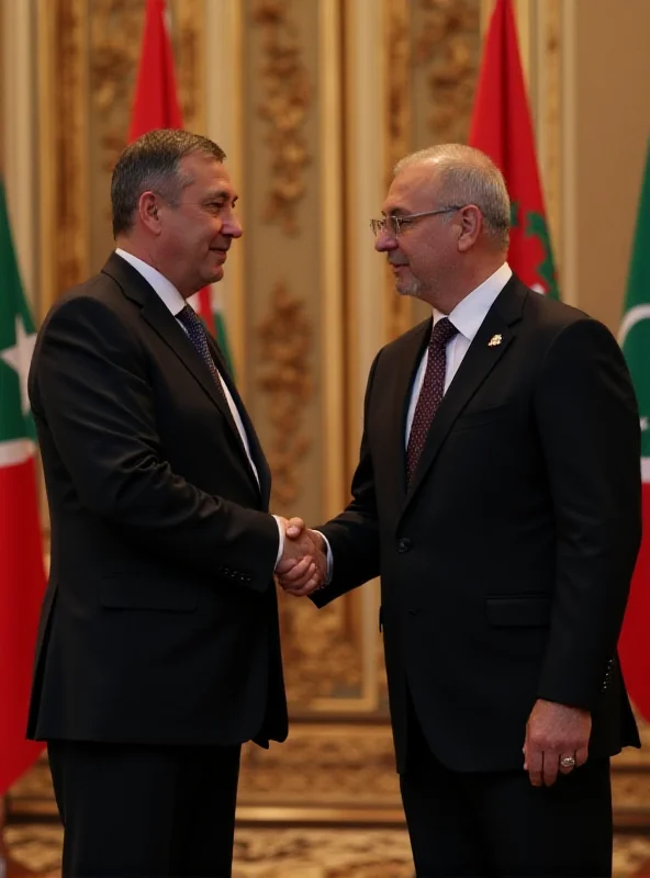 Image of two foreign ministers shaking hands in a formal setting.