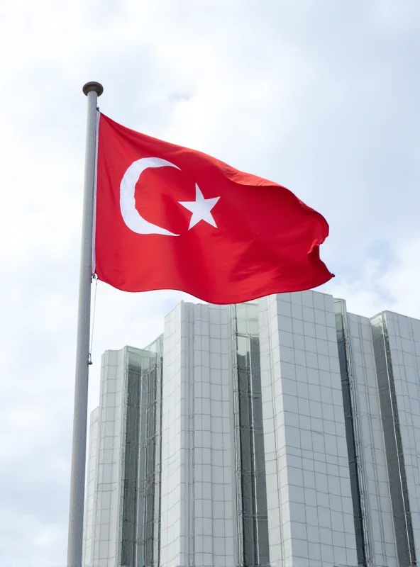 Turkish flag waving in front of the Turkish Ministry of Foreign Affairs building