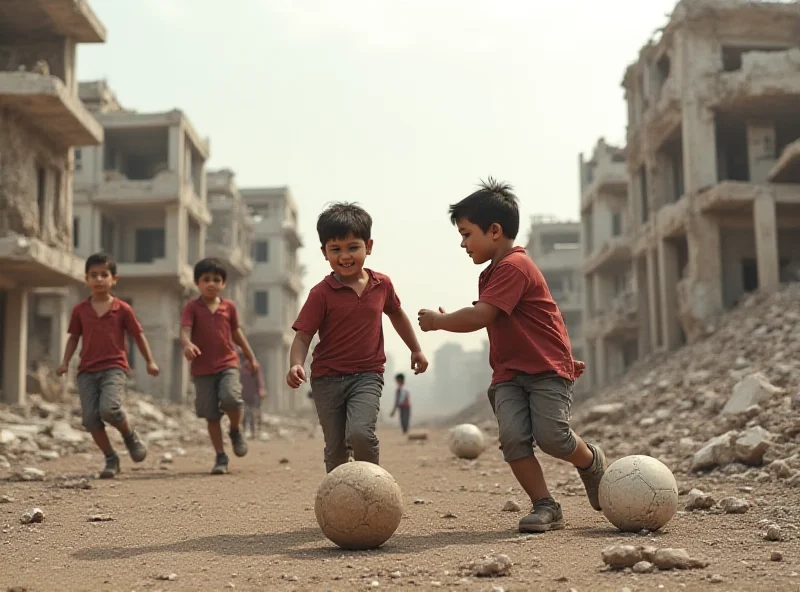 A group of Syrian children playing in a war-torn area, with rubble and damaged buildings in the background. The children are smiling, but the environment is clearly unsafe.