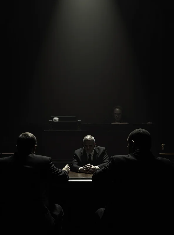 A dimly lit courtroom scene with a man, ES, sitting nervously at a table, facing a judge and lawyers. The atmosphere is tense and uncertain.