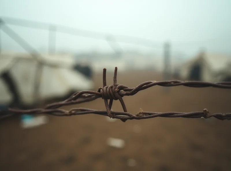 A close up of barbed wire fencing against a blurred background of tents in a refugee camp. The image evokes feelings of confinement and hardship.