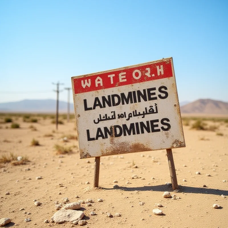 A sign warning of landmines in a rural Syrian landscape