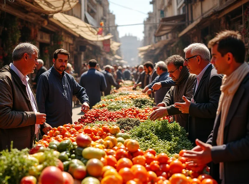 A bustling marketplace in Damascus, Syria, with vendors selling fruits and vegetables. Shoppers are seen looking at the produce, and price tags are visible, showing inflated costs.