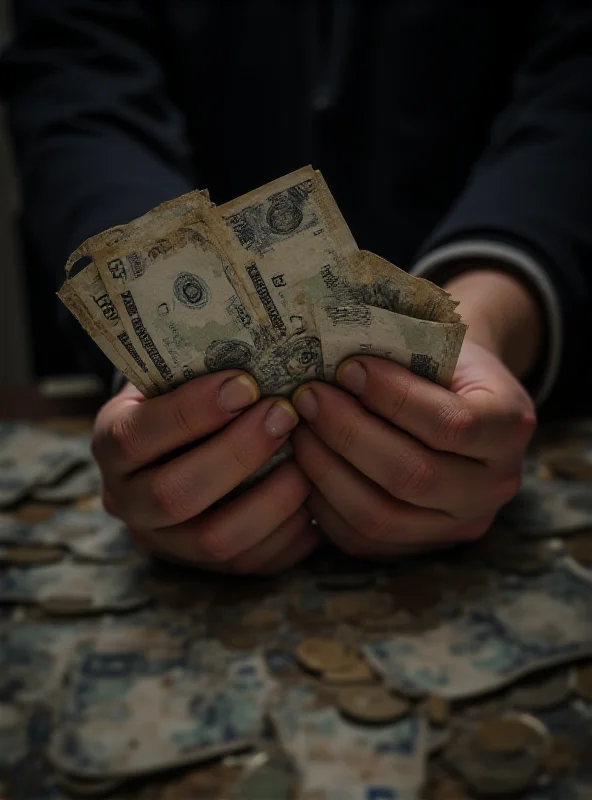 A close-up of Syrian currency being counted. The bills are slightly worn, and the hands counting the money appear weary. The background is blurred, suggesting an office or bank setting.