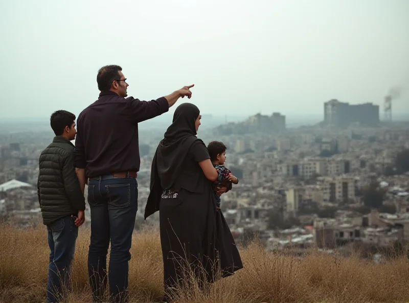 Syrian family looking out over a destroyed city landscape.