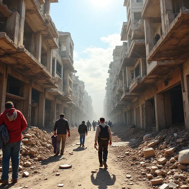 A street scene in Damascus, Syria, showing people rebuilding their lives amidst damaged buildings.